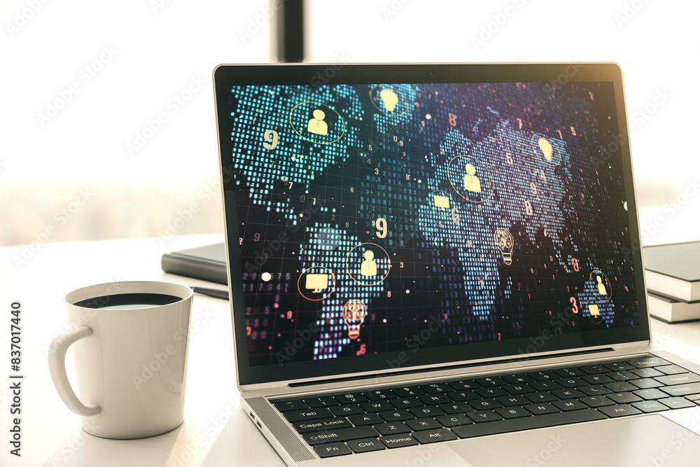 Leinwandbilder modern computer screen with social network icons concept and world map. networking concept. 3d rende