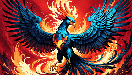 Intricate Pen and Ink Phoenix Drawing with Flaming Feathers and Majestic Wings