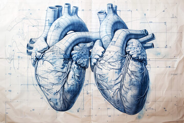 Two hearts, illustration in technical drawing style,  Valentine`s day