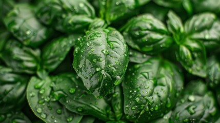 Close-up of vibrant, green basil leaves covered with fresh water droplets, highlighting their rich texture and natural freshness