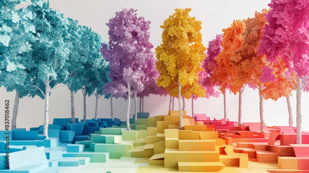 Poster a photo where a stack of paper is transformed into a multi-colored forest or park to highlight the opportunity to reuse waste paper for environmental conservation. --no text --ar 16:9 --quality 0.5