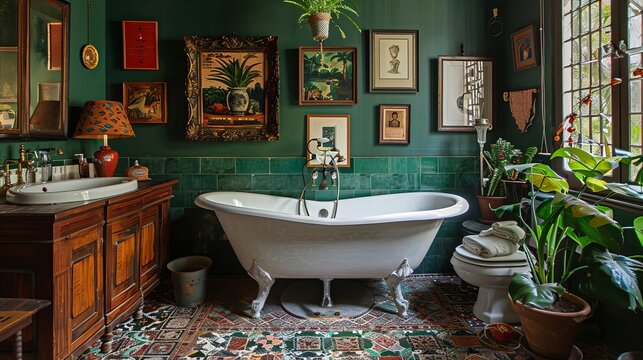 A vibrant maximalist bathroom with dark green walls and a patterned tile floor The room features a vintage clawfoot bathtub