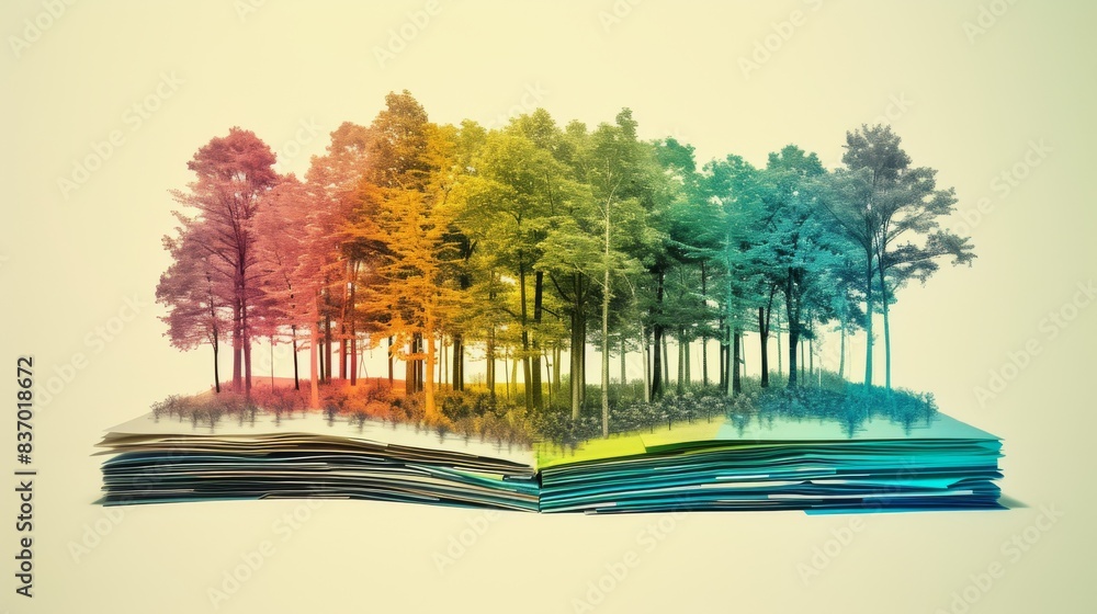 Poster a photo where a stack of paper is transformed into a multi-colored forest or park to highlight the o