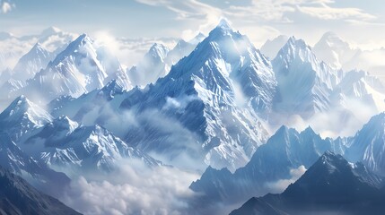 Obraz premium Breathtaking Panoramic View of Towering Snow-Capped Mountain Peaks Surrounded by Dramatic Clouds and Dramatic Atmosphere