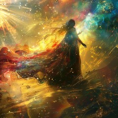 Silhouette of a woman in a flowing gown, bathed in a celestial light.