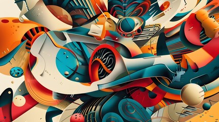 Captivating Abstract Composition Challenging Viewer's Perception with Vibrant Geometric Shapes and Textured Layers