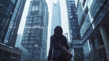 Modern Businesswoman Walking Among Skyscrapers in Beijing CITIC Tower Background
