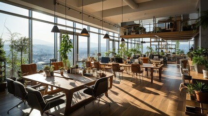 A minimalist coworking space with communal tables, ergonomic chairs, and ample natural light, fostering collaboration and creativity among professionals from different industries. Minimal and Simple,