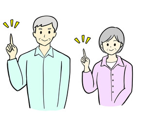 シニア夫婦　指差しポーズ　イラストセット