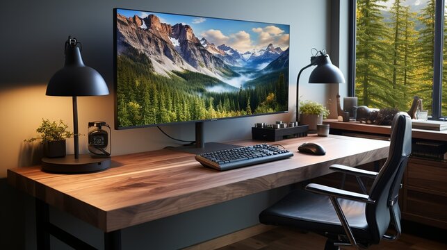 A clutter-free desk setup with a dual monitor display, ergonomic keyboard, and wireless mouse, maximizing efficiency and comfort for long hours of work. Minimal and Simple,