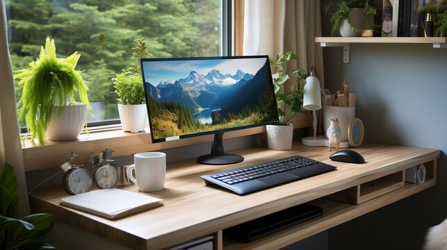 A clutter-free desk setup with a dual monitor display, ergonomic keyboard, and wireless mouse, maximizing efficiency and comfort for long hours of work. Minimal and Simple,