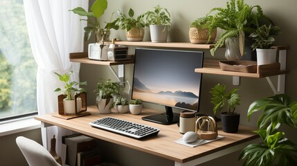 A minimalist standing desk setup with adjustable height settings, promoting ergonomic posture and supporting a healthy and active work lifestyle. Minimal and Simple,