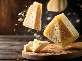 piece of parmesan cheese ona wooden board