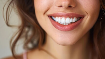 Obraz premium Close-up of a woman's beautiful smile. She has white, straight teeth and her lips are a soft pink color.