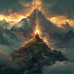 Fototapeta premium A lone figure meditates on a mountain peak, bathed in golden light, with a dramatic sky and snowy peaks in the background.