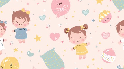 seamless wallpaper featuring charming baby illustrations adorned with cute ornaments like heart, flower, ballon and ribbon
