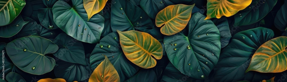Poster a lush pattern of dark green and yellow tropical leaves with water droplets, creating a serene and v