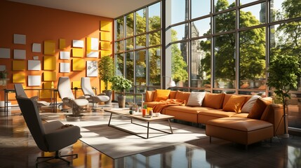 A collaborative workshop space with whiteboard walls, brainstorming tables, and colorful Post-it notes, encouraging collaboration and idea generation among teams. Minimal and Simple,