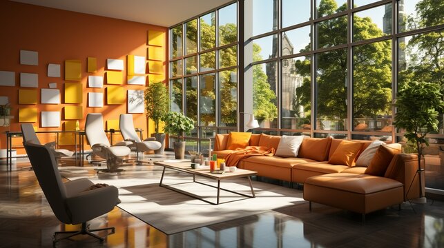 A collaborative workshop space with whiteboard walls, brainstorming tables, and colorful Post-it notes, encouraging collaboration and idea generation among teams. Minimal and Simple,