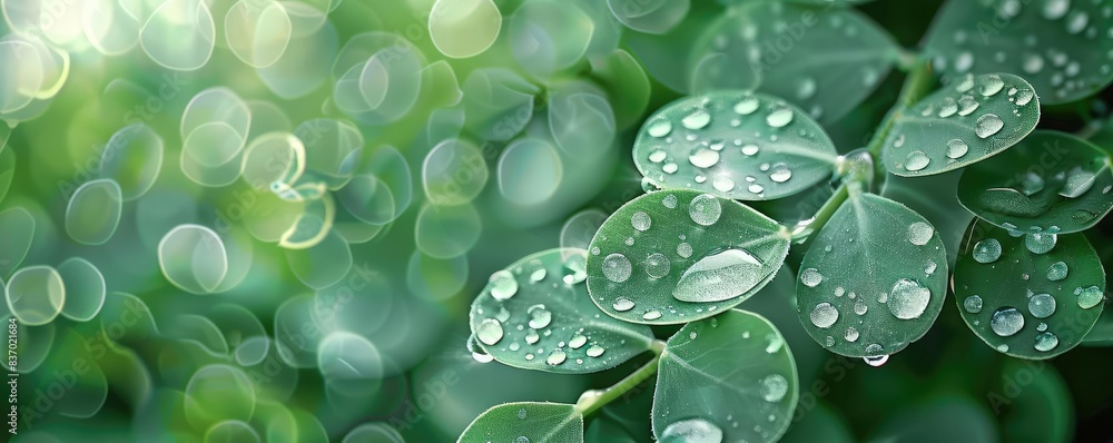 Poster close-up of green leaves with water droplets, creating a fresh and calming atmosphere in a natural e