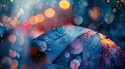 An abstract depiction of stormy weather, with umbrellas highlighted against a backdrop of lightning bokeh and romantic lighting.