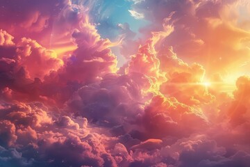 High-angle perspective of a celestial heaven, vibrant and lush cloudscapes with pastel colors, mystical and dreamlike, photorealistic digital art, radiant divine presence shining