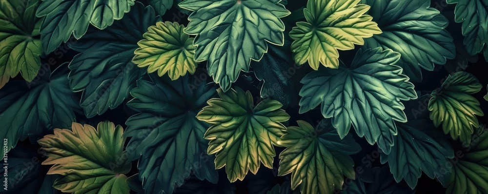 Poster lush green foliage captured in a dense array of leaves. this vibrant nature scene showcases the beau
