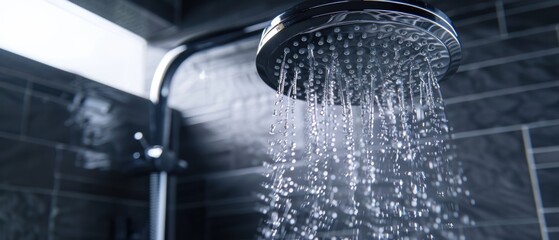 Chrome lowflow showerhead, showcasing watersaving features selective focus resource management dynamic silhouette modern apartment bathroom backdrop
