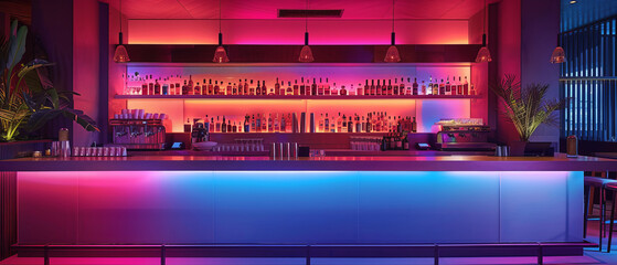 Modern Neon-lit Bar with Sleek Countertops and Minimalist Decor Creating a Trendy Upscale Vibe