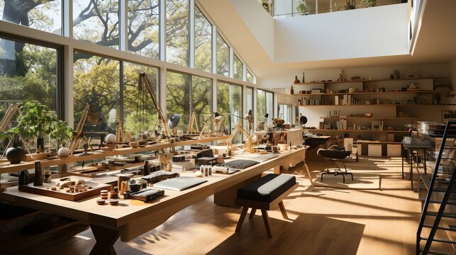 A collaborative design studio with drafting tables, mood boards, and inspirational quotes on the walls, cultivating a creative and supportive environment for artists and designers. Minimal and Simple,