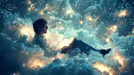 A mesmerizing scene of a person reading a book while floating on clouds, surrounded by a starry sky, depicting a dreamlike escape into imagination.