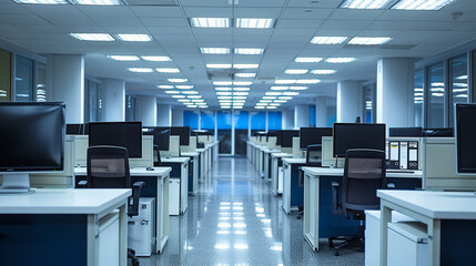Empty Office Cubicles with Computers and Office Supplies
