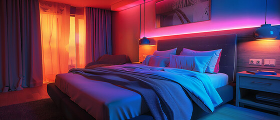 Stylish Neon-Lit Bedroom with Luxurious Bedding and Contemporary Decor for a Relaxing Ambiance