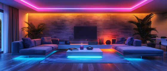 Modern Elegance: Neon-Lit Living Room with Minimalist Furnishings and Vibrant Accents