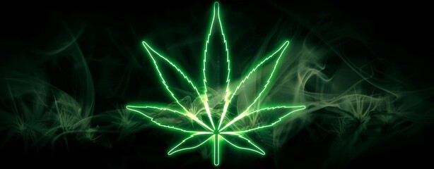 Green Marijuana Leaf Neon Sign In Smoke Glows Brightly Against a Dark Background