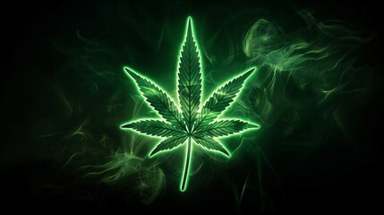 Green Marijuana Leaf Neon Sign In Smoke Glows Brightly Against a Dark Background