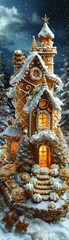 Fototapeta premium Beautifully decorated gingerbread house with glowing windows, covered in snow, set in a magical winter landscape, at night.