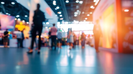 Panoramic blurred shot of a crowded exhibition hall
