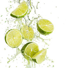 Fresh lime juice splashing on a white surface, highlighting the natural and organic essence of the citrus fruit. Ideal for beverage and culinary concepts. AI generative.