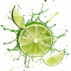 A dynamic image of citrus lime splashing on a white backdrop, evoking the sensation of freshness and vitality. Great for promoting healthy lifestyle and culinary themes. AI generative.