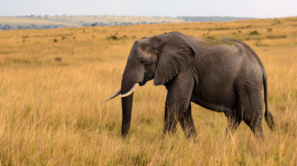 Obraz premium A large elephant is walking through a field of tall grass