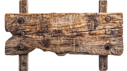 Old wooden signboard isolated on white, transparent background
