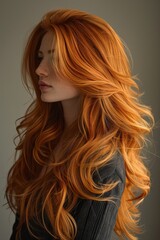 Elegant Side Portrait of a Young Woman with Flowing Long Fiery Red Hair Wearing a Dark Top Against a Neutral Background in Soft LightingRed hair