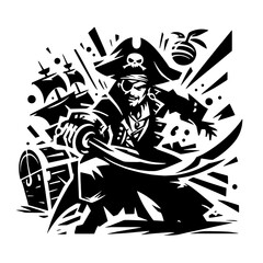 Cartoon Black and White Isolated Illustration Vector Of A Swashbuckling Pirate Holding A Sword and Treasure Chest