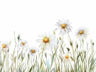 hand drawing watercolor detailed painting field wild flowers on white background