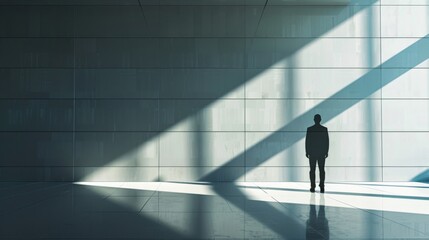 Fototapeta premium Businessman's shadow stretching long into an empty office, symbolizing the loneliness and burden of leadership and personal sacrifices for career success.