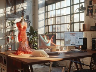 Depict a fashion designer using AI to create smart textiles in a chic, well-lit studio