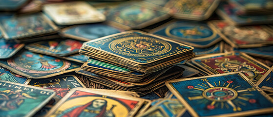 Mystical Tarot Card Close-Up with Enigmatic Figure Surrounded by Cards