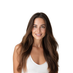 Cheerful smiling mature woman wearing casual clothes with long brunette hair, isolated on transparent background