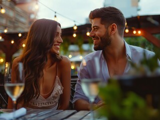 Young couple laughing at date in restaurant, sitting on restaurant